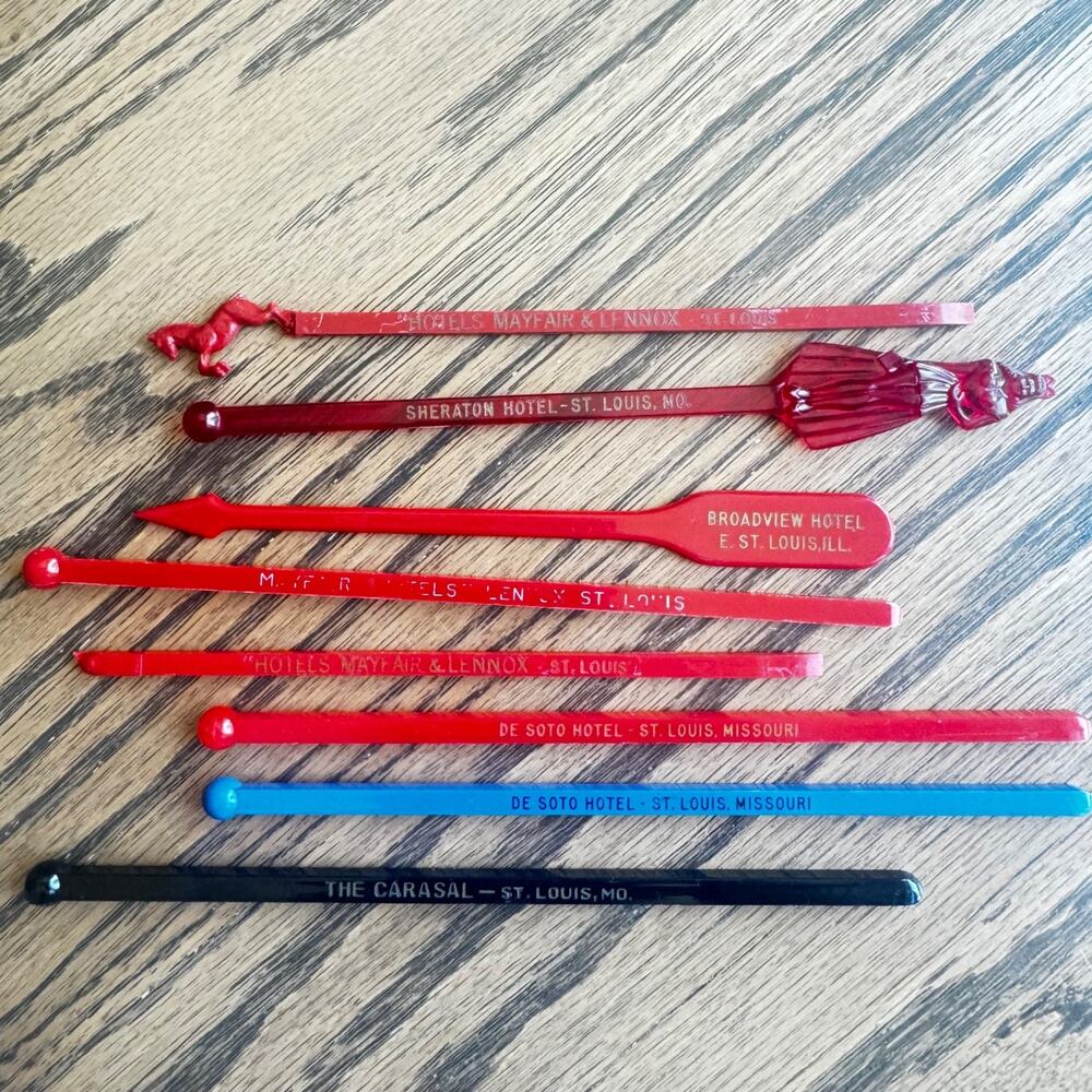Vintage Lot of Swizzle Sticks (8) St. Louis, MO/IL MCM Barware Mancave Dad Gift
